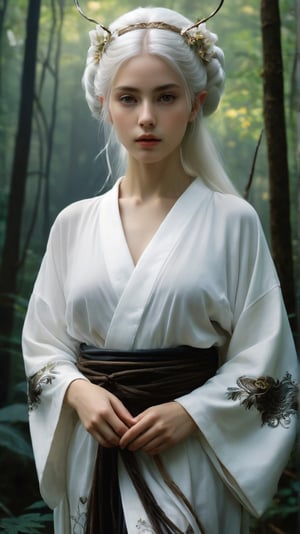 realistic photo, 8k, RAW photo, photorealistic:1.25, (highly detailed Caucasian skin:1.2), sharp focus, 1girl, an elf wearing a white kimono, ethereal, white hair, looking at viewer, full body, Serene and goddess-like, forrest, masterpiece, award - winning photography, hyperrealistic, chiaroscuro, raphael, caravaggio, beksinski, giger, rembrandt