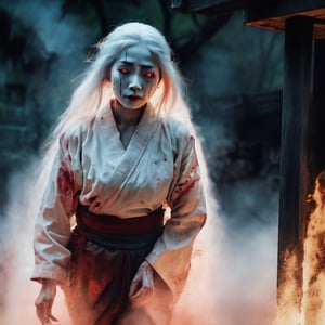 trend kodachrome shot of a traditional japanese female ghost climbing out from a well, white hair, red pupils, staring at the viewer, dark night, scary, gloomy, realistic hyper-detail , bold lithographic, burned, charred, epic, volumetric light, cinematic vignette, bokeh
