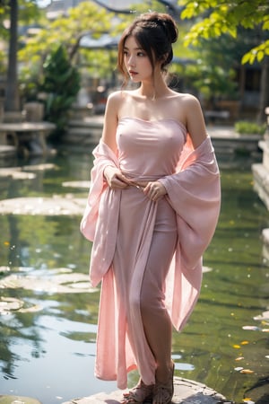 masterpiece, high quality, realistic aesthetic photo ,(HDR:1.2), pore and detailed, intricate detailed, RAW photo, wide shot, full body, sensual, ethereal atmosphere, 1 beautiful japanese woman,  low-cut off-shoulder pink kimono, pond,no_bra