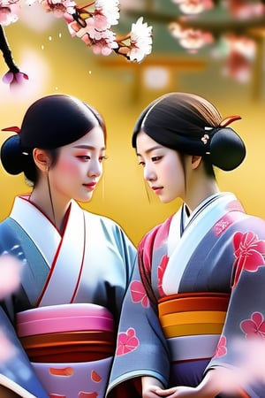 a hyper realistic photo of two Japanese girls under a sakura tree, wear kimono, flat chest, small breast, perfect skin, sunshine, sakura trees in background, full body, flowers and petals on the ground, (illustration:1.1), (perfect details:1.1), ultra HD, masterpiece, photorealistic, hyper detailed, masterpiece, UHD, photorealistic, 8k, Best picture quality, high resolution, 8k, realistic, sharp focus