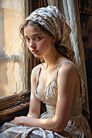 (best quality,highres,masterpiece:1.2),a portrait of a 18-year-old girl sitting by the window, by Johannes Vermeer, ((half naked:1)), naked breasts, 16th century european aristocratic style, looks sad, sadness in her eyes, ultra-detailed,realistic oil paint,studio lighting,detailed brushwork,subtle color variations,expressive brushstrokes,dramatic lighting,finely textured canvas,meticulous attention to detail,dimensional representation,impeccable blending,layered composition,life-like facial features,play of light and shadow,intricate facial expressions,fine details in clothing and accessories,beautifully captured emotions,realistic portrayal of skin tones,attention to the intricacies of the human form,impressive depth and dimensionality,convincing and engaging composition,texture and volume in hair,impressive likeness to the subject,graceful and nuanced brushwork,impressionistic style with a hint of realism,lifelike eyes that draw you in,delicate and refined highlights and shadows.
