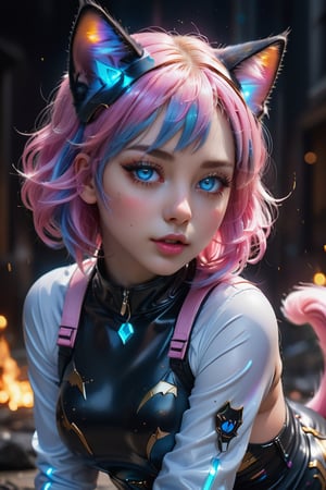 a girl cosplay as a cat, (photorealistic:1.2), (masterpiece, sidelights, exquisite gentle eyes), licking hand, ((full body:1.2)), on all fours, cute face, pink hair, blue eyes, glowing eyes, glowing hair, adorable, Slim Body, shiny skin, (skin with high detail: 1.2), apocalypse in background, (masterpiece), (best quality), hyper realistic, 8k illustration, hyper detailed, masterpiece, UHD, photorealistic, 8k, Best picture quality, high resolution, 8k, realistic, sharp focus, more detail XL,Enhanced All,colorful,color art