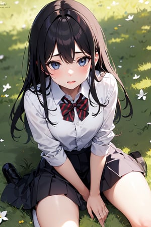 1girl, school uniform, upskirt, white underpants, sidelighting, sitting on grass,butterfly sitting,perfect