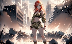 1_girl, military soldier, tall and strong, cute and sexy, red hair, blue eyes, smirking smile, wearing camouflage bra and camouflage shorts, tall military boots// standing in a large battlefield, the remains of a large battle are in the backround, damaged buildings, fires, smoke, rubble, wide angle view, and18,midjourney