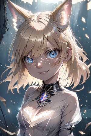 1girl, fennec fox ears, blond hair, white blouse, black bra, (perfect_anatomy:1.2),see-through,cleavege_cutout, cleavege, blue eyes, smiling, vtube, (3D), (masterpiece:1.2), (highly detailed:1.2),(detailed face:1.2), detailed_eyes,(gradients), (ambient light:1.3), (cinematic composition:1.3),(HDR:1), classroom, Accent Lighting, extremely detailed, original