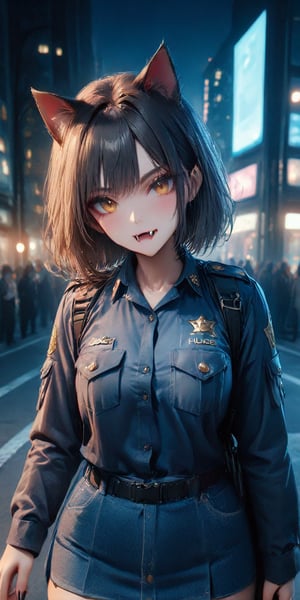 masterpiece, best quality, highly detailed, ultra detailed, 8k,
1girl, 23, outside, cat ears, small fangs, golden eyes, black hair, short bob cut, tsurime, long fingernails, police uniform, police skirt, black belt, tall combat boots, holding police notebook, looking at viewer, night time, downtown skyline, darkness, long shadows, street lights, cinematic,