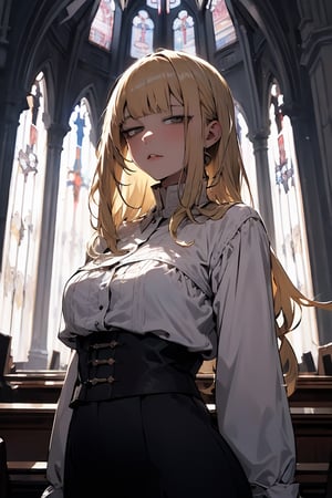 absurdres, highres, ultimate detailed, BREAK 1girl, solo, medium length hair, high ponytail, blunt bangs, (blond hair:1.3), mischevious, BREAK (beautiful old church)