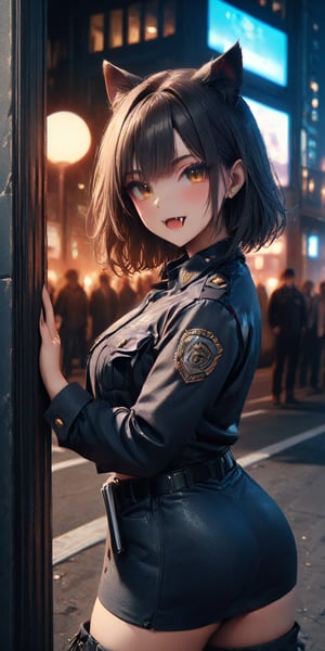 masterpiece, best quality, highly detailed, ultra detailed, 8k,
1girl, 23, outside, cat ears, small fangs, golden eyes, black hair, short bob cut, tsurime, long fingernails, police uniform, police skirt, black belt, tall combat boots, holding police notebook, looking at viewer, night time, downtown skyline, darkness, long shadows, street lights, cinematic,