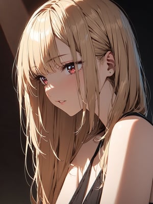 //Character, solo, 1girl, blond hair, dark red eyes,
//Background, simple background, 
//Quality, (masterpiece), best quality, ultra-high resolution, ultra-high definition, highres, intricate, intricate details, absurdres, highly detailed, finely detailed, ultra-detailed, ultra-high texture quality, natural lighting, natural shadow, dramatic shading, dramatic lighting, vivid colour, perfect anatomy, 
//kitagawa_marin