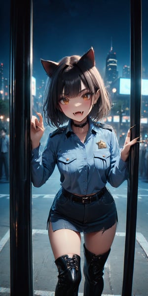 masterpiece, best quality, highly detailed, ultra detailed, 8k,
1girl, 23, sexy expression, outdoors, cat ears, fangs, golden eyes, black hair, short bob cut, tsurime, long fingernails, police uniform, police skirt, black belt, tall combat boots, holding police notebook, looking at viewer, night time, downtown skyline, darkness, long shadows, street lights, cinematic,