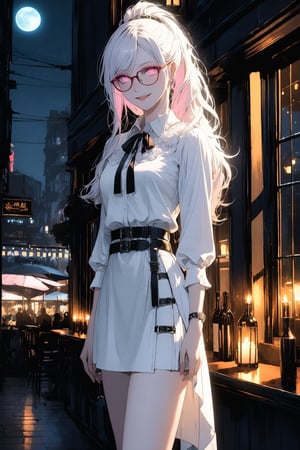 1 girl,((albino)),sleepy eyes,(pink pupil eyes, glowing pupils),long silver hair,long_ponytail,smirk smile,black buckles,white blouse,white knee length skirt,beautiful smooth legs,high heels,standing, (cowboy_shot),unique fashion,white theme,large black-rimmed glasses,restaurant background,windows, nighttime,dark atmosphere,candlelight,cowboy_shot,scenery