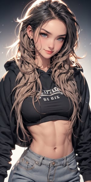 4k,best quality,masterpiece,20yo 1girl,(cropped sweatshirt),(demin pant), alluring smile, open hoodie,

(Beautiful and detailed eyes),
Detailed face, detailed eyes, double eyelids ,thin face, real hands, muscular fit body, semi visible abs, ((short hair with long locks:1.2)), black hair, black background,


real person, color splash style photo,
