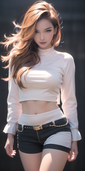 1girl, alluring pretty Korean, 20 years old, solo, long balayage hair,  (purple+pink gradient hair), medium breasts, looking at viewer, detailed eyes, bare face, clean face, tired look, lazy smile, pale skin, detailed eyes and face, pale lips, golden body ratio, partially visible abs, feminine muscular, cotton white girly dress, crop top, white cotton mini dress, floral print,  tight black shorts, black background, dark background, dynamic pose, sexy pose, smooth skin, perfect hands, perfect fingers, perfect fingernails 