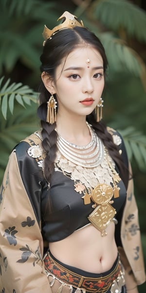 (masterpiece, best quality, hires, high resolution:1.2), (extremely detailed, intricate details, highres), ((realistic)), vivid color, 3d, cg, 30 years old woman, Chinese, miao traditional clothing, plump large breasts, full_breasts, ( black_hair, blunt_bangs, extremely long hair, monolid), pink_fingernails, bored face, lazy smile, messy hair, (brutalist style:1.6), heavy steampunk armor, confident, muscular body, abs, arm muscles, shiny_skin, light_skin, (nice hands,nice fingers), better_hands, science fiction, (cinematic lighting, volumetric), looking at viewer, eye-level shot, (close_up:1.1), film grain, (atompunkstylesd15:1.0), seductive_pose, golden kimono, chrysanthemum floral décoration, forest, (foreboding background:1.4)