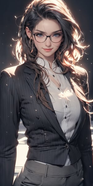 4k,best quality,masterpiece,20yo 1girl,(black office suit and pants, formal wear, alluring smile, thick rimmed eyeglasses 

(Beautiful and detailed eyes),
Detailed face, detailed eyes, double eyelids ,thin face, real hands, muscular fit body, semi visible abs, ((short hair with long locks:1.2)), black hair, black background,


real person, color splash style photo,
