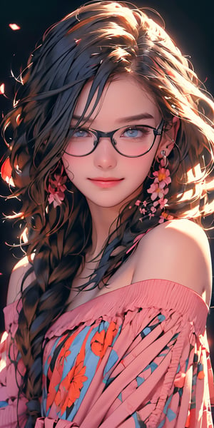 4k,best quality,masterpiece,20yo 1girl,(pink girly dress with floral illustrations, off shoulders with frills, bored face, lazy smile, thin rimmed eyeglasses 

(Beautiful and detailed eyes),
Detailed face, detailed eyes, double eyelids ,thin face, real hands, muscular fit body, semi visible abs, ((short hair with long locks:1.2)), black hair, black background, sunlit front 


real person, color splash style photo,
