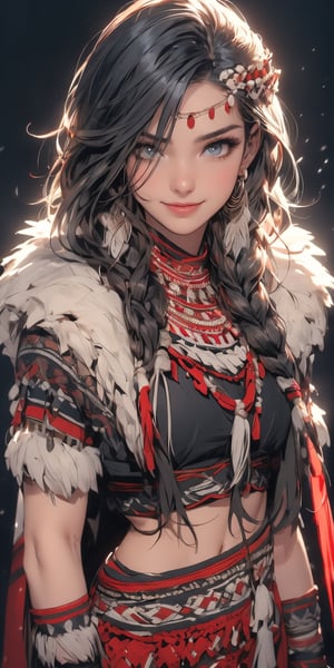 4k,best quality,masterpiece,20yo 1girl,(traditional Cherokee Indian costume, alluring smile, head ornaments 

(Beautiful and detailed eyes),
Detailed face, detailed eyes, double eyelids ,thin face, real hands, muscular fit body, semi visible abs, ((short hair with long locks:1.2)), black hair, black background,


real person, color splash style photo,
