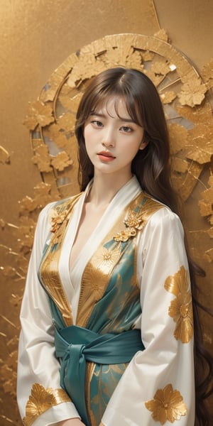 (masterpiece, best quality, hires, high resolution:1.2), (extremely detailed, intricate details, highres), ((realistic)), vivid color, 3d, cg, 30 years old woman, Chinese, intricate hanfu, plump large breasts, full_breasts, (open_shirt, unbuttoned, black_hair, blunt_bangs, extremely long hair, monolid), pink_fingernails, bored face, lazy smile, messy hair, (brutalist style:1.6), heavy steampunk armor, confident, muscular body, abs, arm muscles, shiny_skin, light_skin, (nice hands,nice fingers), better_hands, science fiction, (cinematic lighting, volumetric), looking at viewer, eye-level shot, (close_up:1.1), film grain, (atompunkstylesd15:1.0), seductive_pose, golden kimono, chrysanthemum floral décoration, forest, (foreboding background:1.4)