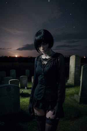 1girl, realistic, alice, outdoors, cemetary, makeup, darkness, photorealistic, gothic, black hair, night, stockings, short hair