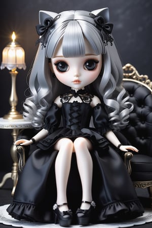 (3D-figure,chibi,blythe-doll,)(masterpiece,ultra detailed,high-quality,8k,professional,UHD,)Gothic theme, dark theme, black gothic dress, gothic makeup, tea time,Monochrome gothic room,sitting on a chair 
,holding a teacup, hair ornaments, white silver gradient hair,(blunt  bangs, curly hair),black carpet floor,black cats