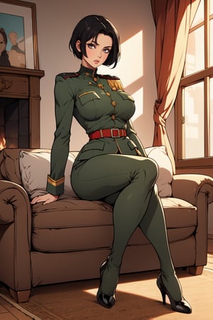 Beautiful, masterpiece, 1 military woman, full body, black hair, short hair, medium breasts, green military uniform, relaxed look, red eyes, straight position, in a living room