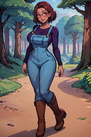 Beautiful, masterpiece, 1 woman, maru from stardew valley, ((full body)) ((medium breasts)),((purple long sleeves)) ((blue overalls)) ((blush)),((brown boots) )), ((glasses)) smiling, in a forest with trees in the background