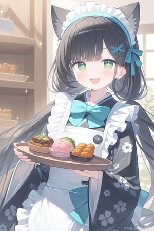 1girl, solo, green eyes, holding, japanese clothes, kimono, apron, wa maid, white apron, twintails, animal ears, long hair, long sleeves, smile, x hair ornament, black hair, holding tray, wide sleeves, maid headdress, frilled apron, frills, hair ornament, bow, hair bow, low twintails, looking at viewer, maid, tray, blush, floral print, :d, print kimono, skirt, indoors, sparkle, flower, window, animal ear fluff, cat ears, blue bow, food, twitter username, maid apron