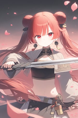 1girl, weapon, solo, sword, red eyes, long hair, navel, petals, holding, holding weapon, holding sword, looking at viewer, midriff, twintails, hair bun, earrings, jewelry