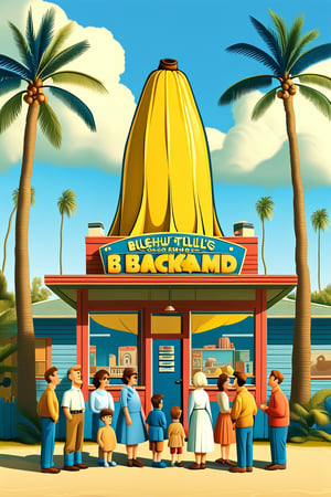 A Norman Rockwell-style painting of the “Bluth’s Original Frozen Banana Stand” from Arrested Development, with the building shaped like a large banana. The scene is brightly lit, capturing the vibrant colors of the banana-shaped stand and the cheerful atmosphere. The composition includes a family-style gathering, with characters like George Bluth Sr., Michael, and Gob in casual poses, enjoying frozen bananas. The background features the iconic blue and yellow banana-shaped stand, with a banner reading “Best Banana in the Bay.” The lighting is warm and inviting, highlighting the nostalgic and humorous essence of the show, rendered in the detailed, nostalgic style of Norman Rockwell.