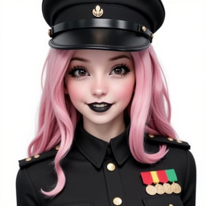 digital render face portrait studio photo of a woman looking at viewer, standing, face id photo, pink hair color, dark brown big eyes, looking at viewer, black militar hat, militar medals, black militar uniform, goth make up, black lipstick, white color background, simple background, | ,astroflux_v101, belle delphine,