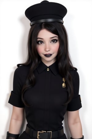 digital render upper body studio photo of a woman looking at viewer, standing, black hair color, dark brown big eyes, looking at viewer, black militar hat, militar medals, black militar uniform, goth make up, black lipstick, white color background, simple background, | ,astroflux_v101, belle delphine,