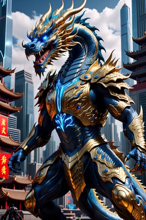 Super detailed live-action Chinese dragon, strong exaggerated body, surrounded by blue energy, Golden armor, cyberpunk city, movie environment.
