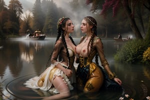 wet clothes, wet hair, beautifull faces: Delicate erotic games on the Lake: Hans Zatzka's, inspired by rococo paintings, masterpiece depicts two long-wet-haired, braided beauties, mid-20s, swimming in a serene lake foreground. Their (((hair is dripping wet))) so beautiful, while the soaking wet locks cascade down their necks as one girl adorns another with a floral wreath. The duo wears lavish, transparent dresses in dark red, light blue, golden yellow, white, and black hues, showcasing luscious skin and nipples. A distant boat floats, occupied by a third figure, against a romantic park backdrop shrouded in mystical mist, evoking an erotic yet tasteful ambiance. The girls cuddle with each other. One of the two girls has put her hand in her pussy and appears to be ((masturbating)). The girls' beautiful faces are characterized by sexual excitement.r tits an nipples are shimmering through