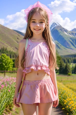 extra resolution, portrait of young adorable AIDA_LoRA_HanF:1.13 outdoors, smiling, mountain scenery, in a field, wearing pink clothes, full body visible, standing up, thighs visible in a miniskirt