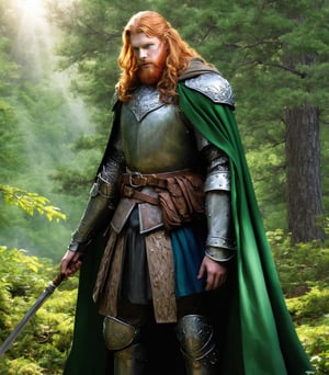 D&D 3.5 male druide(182cm tall, blond hair, long red beard, blue eyes, pale skin, heavy green cloak, aura of leaves and petals with a very faint greenish tint around him, studded leather armour under his cloak)

Background enchanted forest (large pine trees, large dedicious trees, large flowers as tall as a man, vibrant colours but realistically fading), sunrays through the foliage

photorealistic,photorealistic,Masterpiece