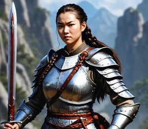 d&d 3.5 female fighter, asian ethnicity, scale mail armour, greatsword, no helmet, braided hair, photorealistic