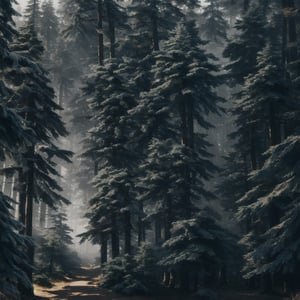 Top down fantasy map of photorealistic forest (medieval, central to northern european, many pine trees, many decidious trees), one road through the forest, maximum resolution