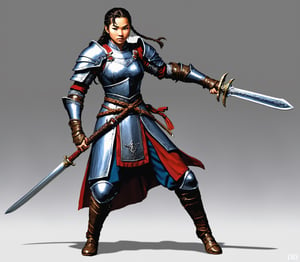 d&d 3.5 female fighter, asian ethnicity, scale mail armour, greatsword, no helmet, braided hair