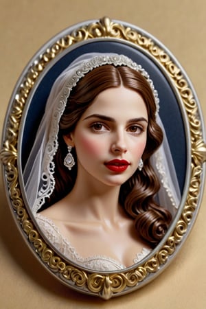 PHOTO REALISTIC, visible on a badge, face_straight_forward, 29 years old , beautiful female , brown_hair , hair_wedding_decoration, veil_wedding_dress , dark_red_lips, score_9 , score_8_up , score_7_up , score_6_up , score_5_up , score_4_up , UHD , 8K , masterpiece , high detailed , anatomic correct, ultra_high_resolution , lots of detail , natural_skin , brown_eyes , medium length wavy hair , beautiful makeup , gentle smile , large delicate silver earrings, very huge boobs , silver neckles, grimace against the glare, FuturEvoLabBadge, hands hidden or out of view.