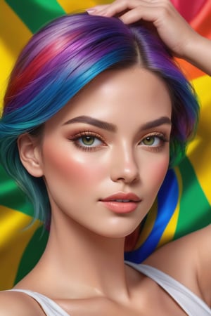 PHOTO REALISTIC, portrait, Brazilian, bright picture, female , 27 years old, multi- beautiful makeup , seductive face , score_9 , score_8_up , score_7_up , score_6_up , score_5_up , score_4_up , UHD , 8K , masterpiece , Ultra detailed photo , photo real , realistic high detailed body, anatomic correct, ultra_high_resolution , lots of detail , natural_skin , Extremely Realistic female, hands out of view, multi-color hair, multi-color background.
