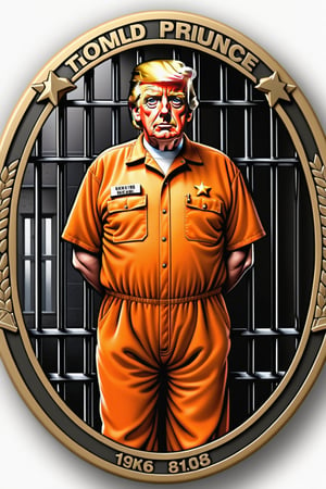 PHOTO REALISTIC, visible on a badge, face_straight_forward,   front_view prison_window, jail ,  Donald Trump behind_bars , orange prisoners overalls, score_9 , score_8_up , score_7_up , score_6_up , score_5_up , score_4_up , UHD , 8K , masterpiece , high detailed , anatomic correct, ultra_high_resolution , lots of detail ,  FuturEvoLabBadge, hands holding bars. no_text, no_letters.