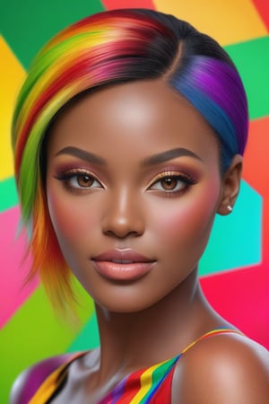 PHOTO REALISTIC, portrait, African, bright picture, female , 27 years old, multi- beautiful makeup , seductive face , score_9 , score_8_up , score_7_up , score_6_up , score_5_up , score_4_up , UHD , 8K , masterpiece , Ultra detailed photo , photo real , realistic high detailed body, anatomic correct, ultra_high_resolution , lots of detail , natural_skin , Extremely Realistic female, hands out of view, multi-color hair, multi-color background.