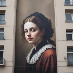 muralpaiting Rembrandt style of a nice female on the side of a high apartment building, today's world, photo_realistic.
