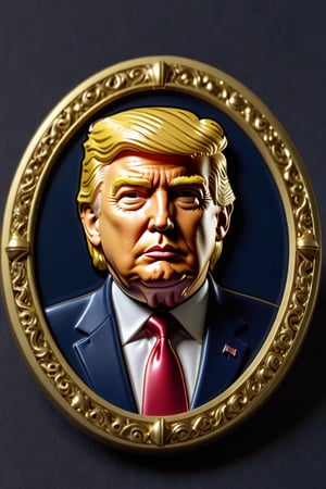 PHOTO REALISTIC, visible on a badge, face_straight_forward,  Donald Trump, behind bars , dark_red_lips, score_9 , score_8_up , score_7_up , score_6_up , score_5_up , score_4_up , UHD , 8K , masterpiece , high detailed , anatomic correct, ultra_high_resolution , lots of detail ,  FuturEvoLabBadge, hands on bars, orange suit.