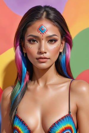 PHOTO REALISTIC, portrait, Native_American, bright picture, female , 27 years old, multi- beautiful makeup , seductive face , score_9 , score_8_up , score_7_up , score_6_up , score_5_up , score_4_up , UHD , 8K , masterpiece , Ultra detailed photo , photo real , realistic high detailed body, anatomic correct, ultra_high_resolution , lots of detail , natural_skin , Extremely Realistic female, hands out of view, multi-color hair, multi-color background.