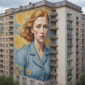 muralpaiting van_GOGH_style of a nice female on the side of a high apartment building, today's world, photo_realistic.