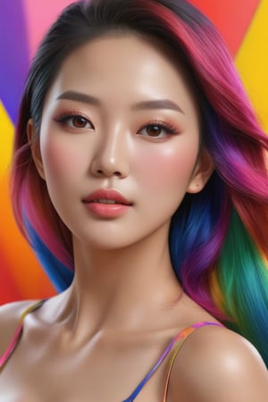 PHOTO REALISTIC, portrait, Asian, bright picture, female , 27 years old, multi- beautiful makeup , seductive face , score_9 , score_8_up , score_7_up , score_6_up , score_5_up , score_4_up , UHD , 8K , masterpiece , Ultra detailed photo , photo real , realistic high detailed body, anatomic correct, ultra_high_resolution , lots of detail , natural_skin , Extremely Realistic female, hands out of view, multi-color hair, multi-color background.