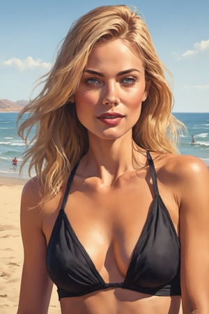 Highly detailed and hyper-realistic painting image of a wonderful stunning young caucasian woman, 34-years-old, blonde hair, full natural lips, black bikini, american comic aesthetics, standing on the beach. BREAK 

Happy, (happy expression:1.3), sexy pose, (front view:1.4), looking at the viewer, BREAK

vaporwave aesthetics, (upper body shot:1.2), eye level, beach on a sunny summer day in the background, BREAK vivid colours, (extremely realistic and accurate:1.4), BREAK vivid colours, octane render, intricate, ultra-realistic, elegant, highly detailed, digital painting, artstation, concept art, smooth, sharp focus, illustration, by ilya kuvshinov and krenz cushart, three-quarters view, sharp hard lines, brush strokes, watercolor, ink panting, ink, Comic Book-Style 2d,detailmaster2,art_booster,ani_booster,
