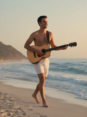 a man ((walking)) to the beach, happy, (((full body))), (front view:1.4), BREAK

35 years old, European Caucasian, shaved, short black hair, white swimsuit, (shirtless), bare chest, walking, ((plays an acoustic guitar)), 
instrument, music, guitar, playing an instrument, holding an instrument, BREAK

realistic style, photorealistic, fashion photography, highly detailed, masterpiece, best quality, spectacular lighting, Aesthetic_Guitar,Music,Concept 