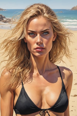 Highly detailed and hyper-realistic painting image of a wonderful stunning young caucasian woman, 34-years-old, blonde hair, full natural lips, black bikini, american comic aesthetics, standing on the beach. BREAK 

Very angry, (angry and furious expression:1.3), angry pose, (front view:1.4), looking at the viewer, BREAK 

vaporwave aesthetics, (upper body shot:1.2), eye level, beach on a sunny summer day in the background, BREAK vivid colours, (extremely realistic and accurate:1.4), BREAK vivid colours, octane render, intricate, ultra-realistic, elegant, highly detailed, digital painting, artstation, concept art, smooth, sharp focus, illustration, by ilya kuvshinov and krenz cushart, three-quarters view, sharp hard lines, brush strokes, watercolor, ink panting, ink, Comic Book-Style 2d,detailmaster2,art_booster,ani_booster,
